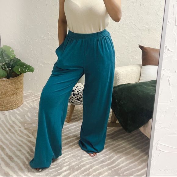 New Eskandar Pants Teal Blue 100% Pima Cotton Wide Leg Extra Long - Picture 2 of 12